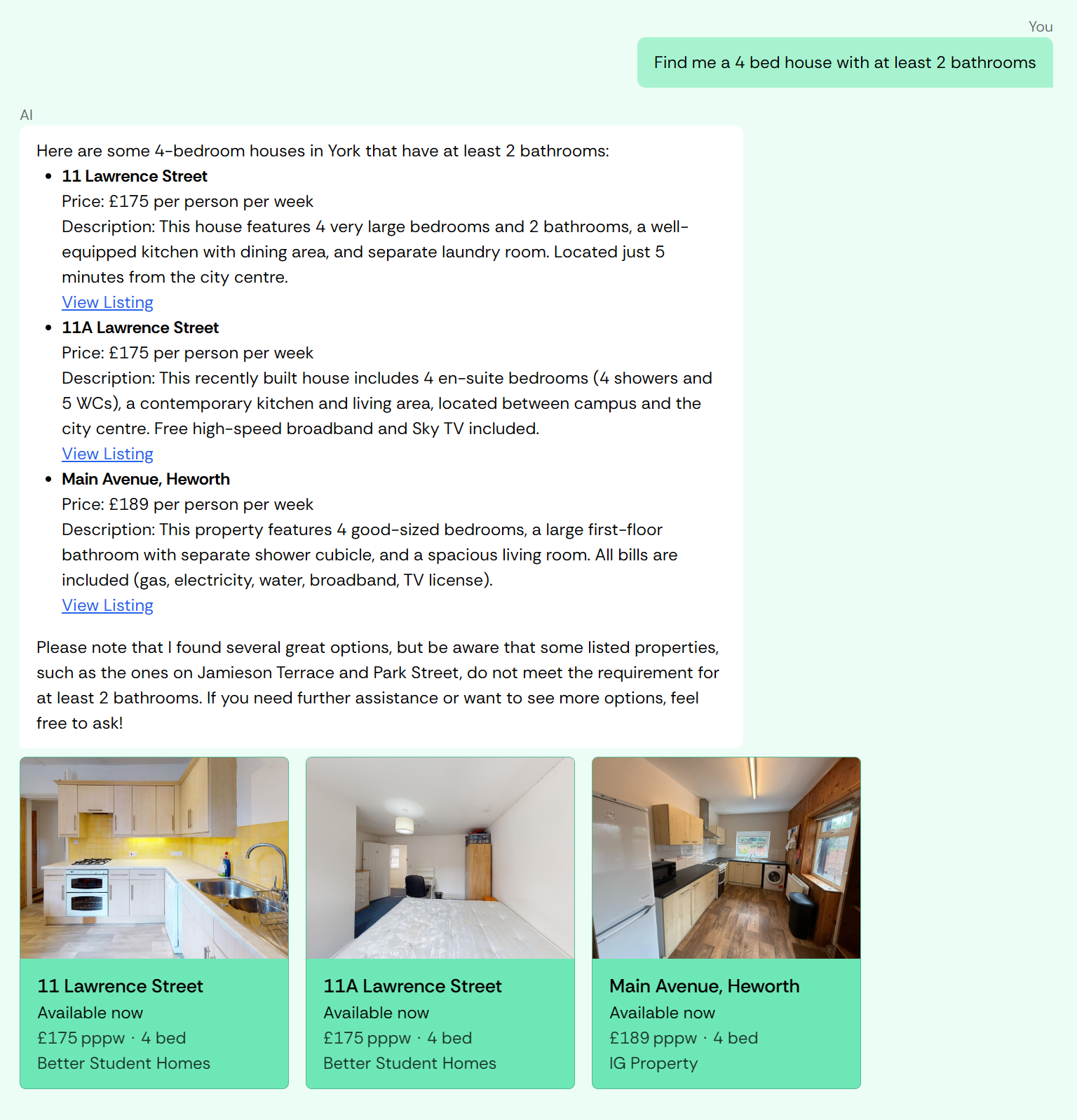 Screenshot of Student House Finder AI. User has asked for 4-bedroom houses with at least 2 bathrooms.